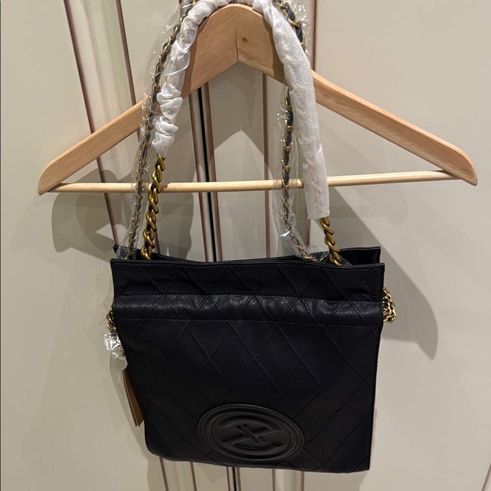 Black Quilted Shoulder Bag with Gold Chain